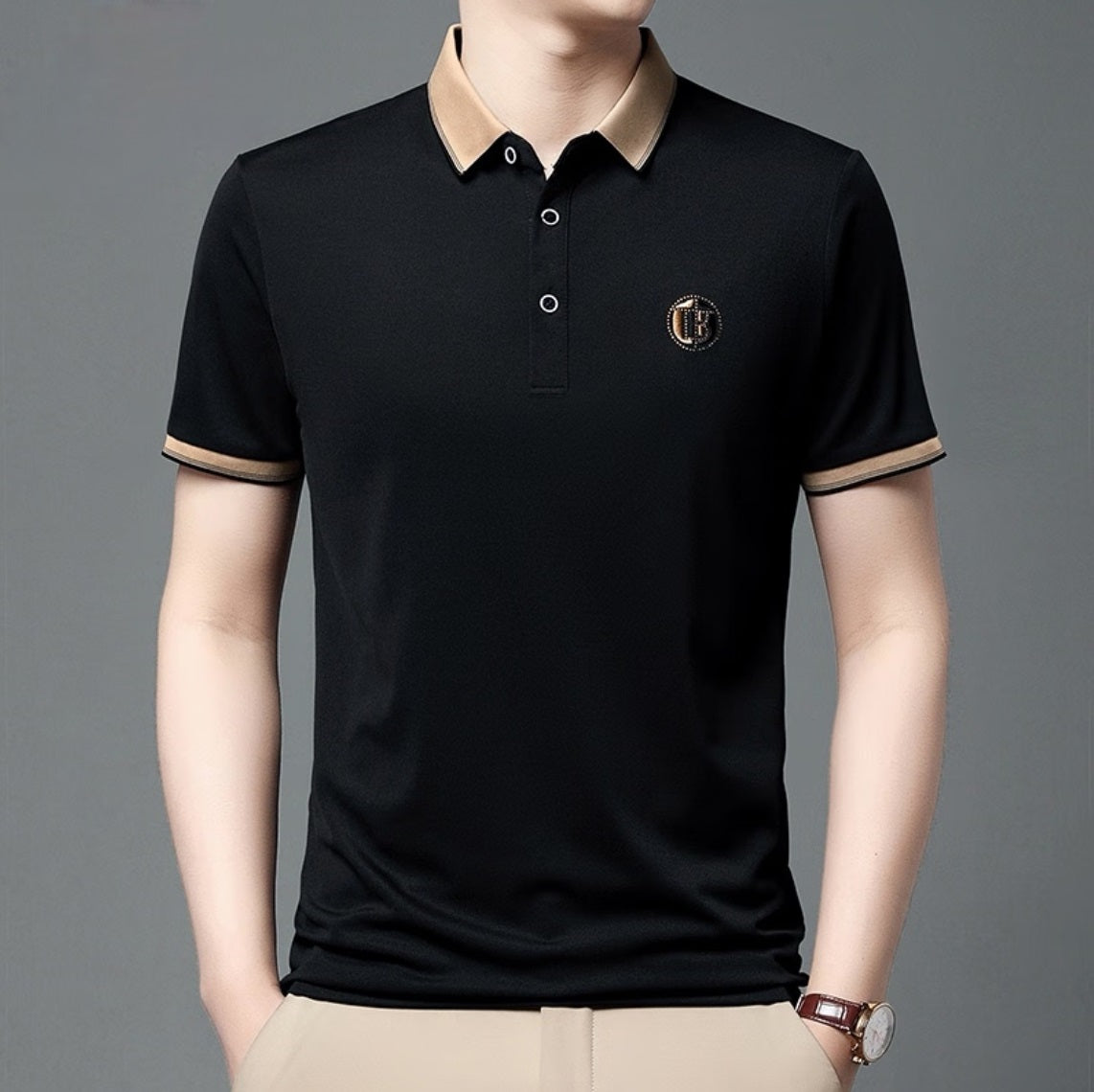 Black Men's Polos T-shirt Straight Lapel Short Sleeve Business Fashion Daily Wear