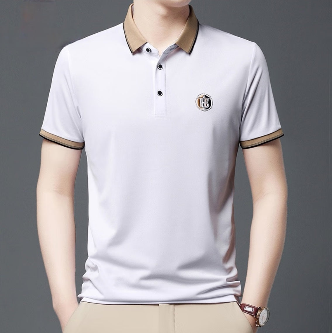 White Men's Polos T-shirt Straight Lapel Short Sleeve Business Fashion Daily Wear