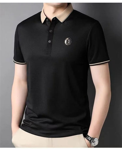 Black Men's Polos T-shirt Straight Lapel Short Sleeve Business Fashion Daily Wear